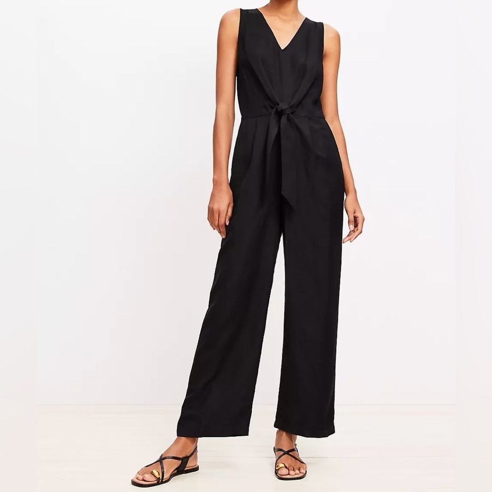 LOFT size 4P Tie-Front Linen blend Jumpsuit in black